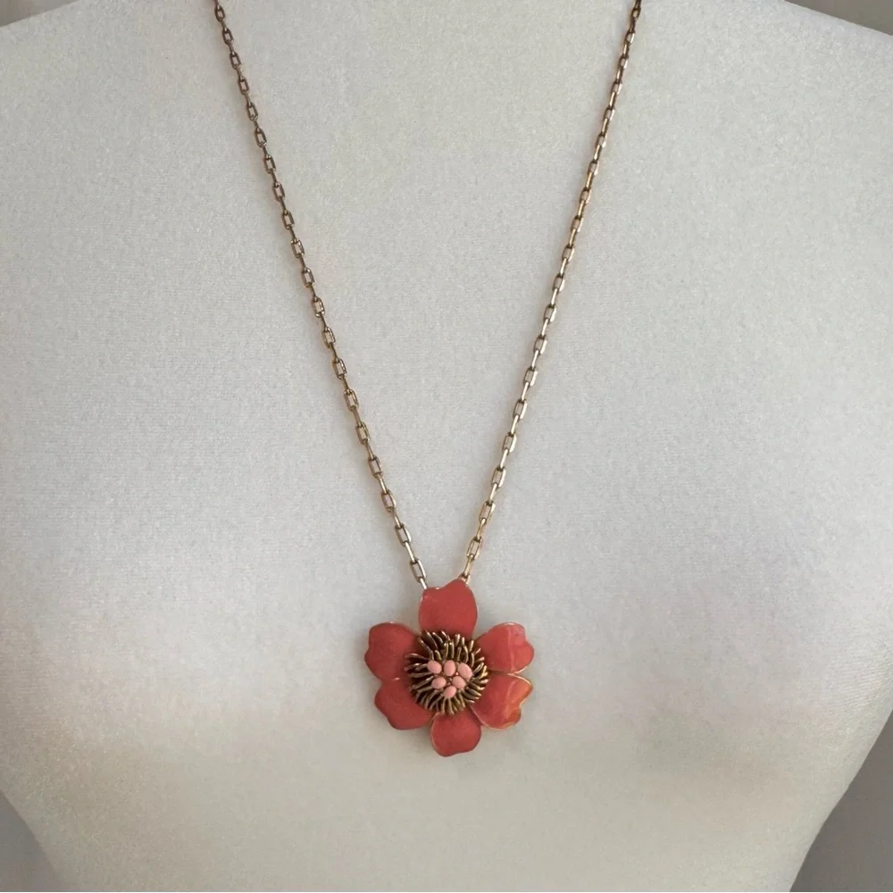 J.Crew Coral Pink Enamel Flower Pendant Necklace Gold Tone 26” - Picture 12 of 12